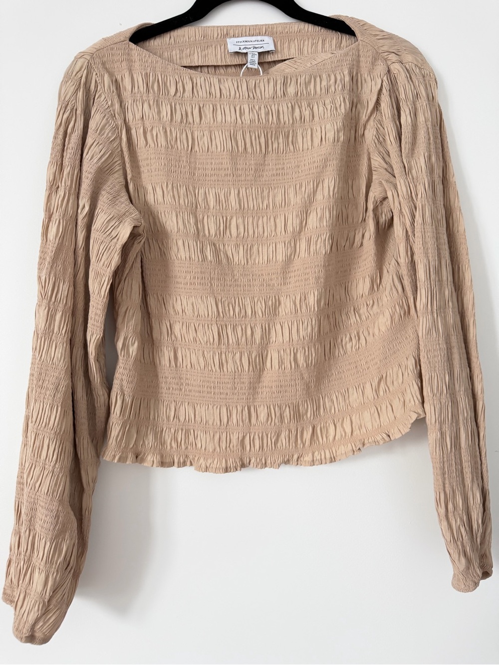 & Other Stories Beige Smocked Long-Sleeve Blouse